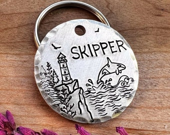 Orca Dog Tag: Ocean Design, Killer Whale, Waves, Lighthouse, Seaside, Personalized Pet ID