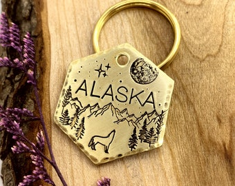 Howling Wolf Dog Tag: Mountain Design, Forest, Full Moon, Stars, Personalized Pet ID