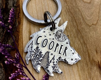 Wolf Shaped Dog Tag: Forest Design, Full Moon, Stars, Camping, Personalized Pet ID