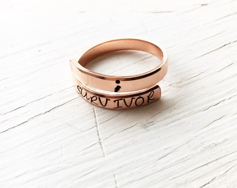 Survivor Ring, Semi Colon Ring, Wrap Ring, inspirational, Personalized Ring, Hand Stamped Ring, Inspirational Quote, Inspirational Jewelry,