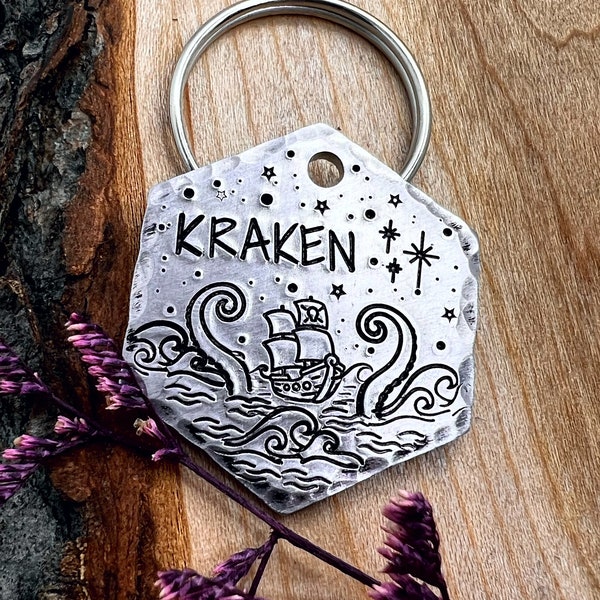 Pet ID Tag - Kraken - Dog Collar Tag - Pet Name Tag - Pirate Dog Tag - Ocean - Hand Stamped - tentacle - Custom - Sea Monster - Personalized