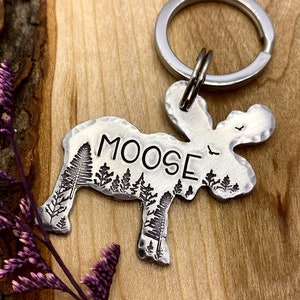 Moose Dog Tag - Moose Shaped Dog Tag - Dog Collar Tag - Pet Name Tag - Hand Stamped - Custom - Personalized - Forest - Mountain - Unique