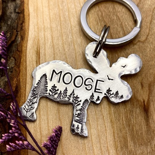 Moose Shaped Dog Tag: Forest Design, Hunting, Forest, Camping, Personalized Pet ID
