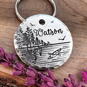 Kayak Dog Tag - Lake - Forest - Dog Tag - Dog Collar Tag - Hiking Dog - Hand Stamped - Custom - Thick - Large Dog - Medium Dog -Unique