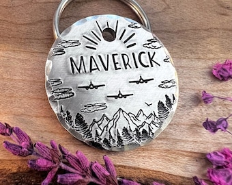 Airplane Dog Tag: Maverick Design, Pilot, Mountains, Trees, Plane, Personalized Pet ID