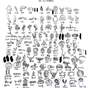 May include: A collection of black ink line art designs labeled Large Designs Pt. 2 11-17mm. The image displays numerous small, detailed illustrations including animals, plants, buildings, and symbols, each numbered for identification purposes.