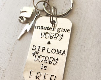 Hand Stamped Keychain - Graduation Gift, Potter Gift, Dobby, Accio, Alohomora, personalised keychain, Harry, Hand Stamped, Potter Keychain