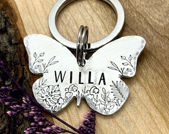 Butterfly Shaped Dog Tag: Fern Design, Monstera, Ferns, Vines, Personalized Pet ID