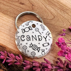 Pet ID Tag - Candy - Sweets- Halloween Candy - Dog Tag - Dog Collar Tag - Lollipop - Hand Stamped - Custom - Personalized - Cute - Thick