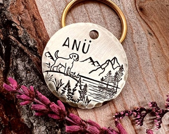 Labrador Dog Tag: Mountain Design, Lake, Forest, Hand Stamped, Personalized Pet ID