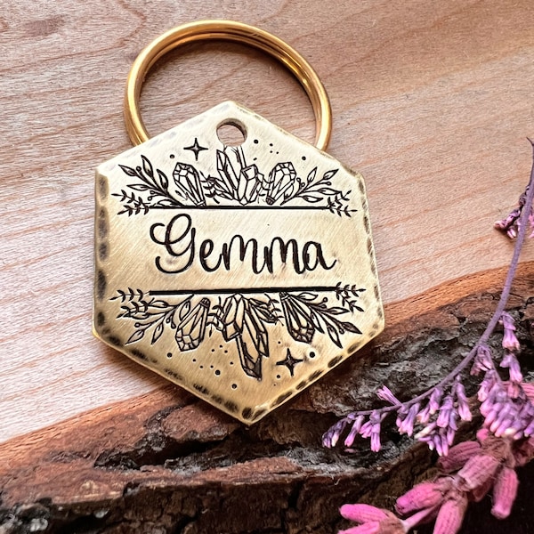 Etiqueta de perro gema - Etiqueta de perro de cristales - Plantas - Etiqueta de nombre de mascota - Estampado a mano - Personalizado - Perro mediano - Perro grande - Grueso - Brujo - Magia