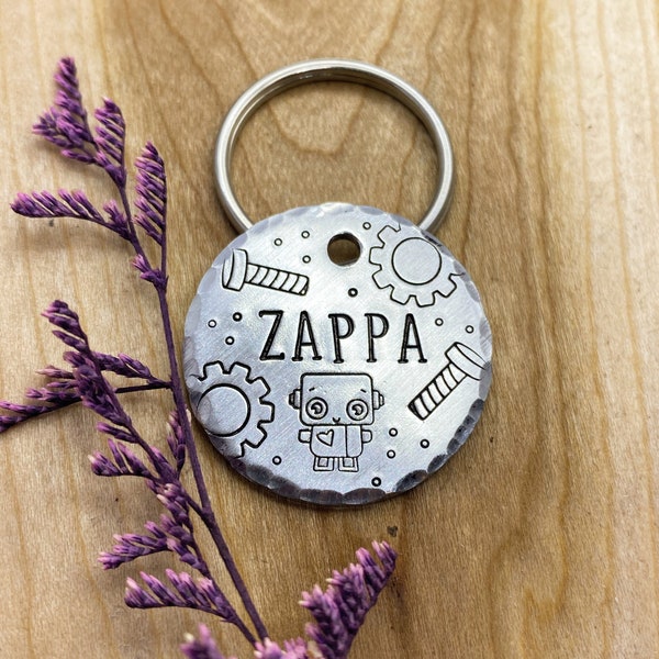 Robot Dog Tag - Steampunk Dog Tag - Dog Collar Tag - Gears - Bolts - Pet Name Tag - Hand Stamped - Custom - Personalized - Cute - Thick