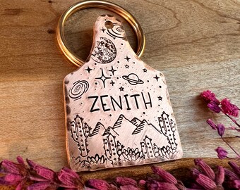 Desert Mountain Dog Tag: Cattle Ear Tag Shaped, Cactus, Aliens, Space, Planets, Farm, Personalized