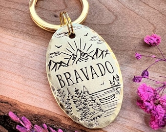 Etiqueta para perro de lago: Diseño de montaña, bosque, amanecer, canoa, río, identificación personalizada para mascota