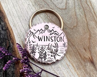 Deer Dog Tag: Lake Design, Forest, Mountain, Stag, Hunting, Personalized Pet ID
