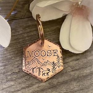 Hondenpenning eland - halsbandpenning - berglandschap - hondenpenning wildernis - aangepast - gepersonaliseerd - grote hond - middelgrote hond - dik - uniek - bos