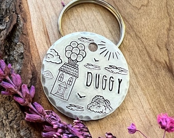 Balloon House Dog Tag: Up Design, Clouds, Balloon, Personalized Pet ID