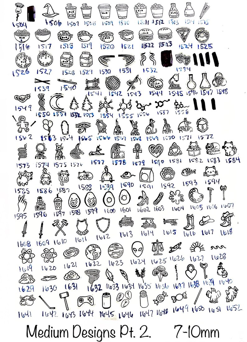May include: A sheet of paper with 100 black and white illustrations of various designs. The designs are numbered from 1504 to 1652. The text "Medium Designs Pt. 2. 7-10mm" is at the bottom of the sheet.