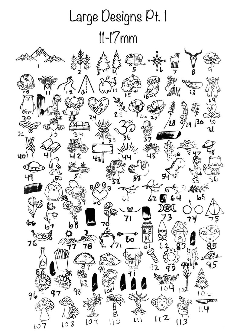 May include: A black and white image of 114 small, hand-drawn designs. The designs are numbered 1-114 and range in size from 11 to 17 millimeters. The designs include a variety of themes, such as nature, animals, and abstract shapes.