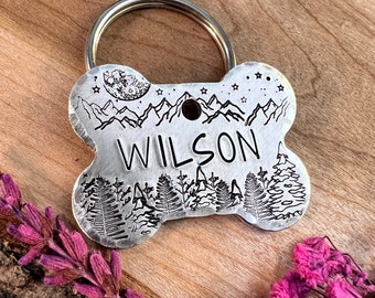 Bone Shaped Dog Tag: Mountain Design, Forest, Full Moon, Stars, Personalized Pet ID