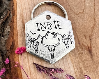 Desert Dog Tag: Cattle Skull Design, Western, Cactus, Mountains, Personalized Pet ID