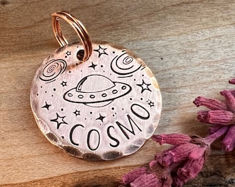 Small UFO Pet Tag: Outer Space Design, Aliens, Planets, Personalized ID for Dogs Cats