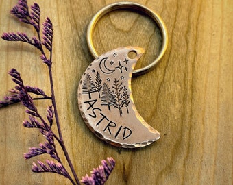 Moon Shaped Pet Tag: Night Sky, Forest, Pine Trees, Dog and Cat ID, Personalized