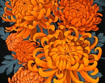 May include: A close-up of a bouquet of orange chrysanthemums with dark green leaves against a black background.