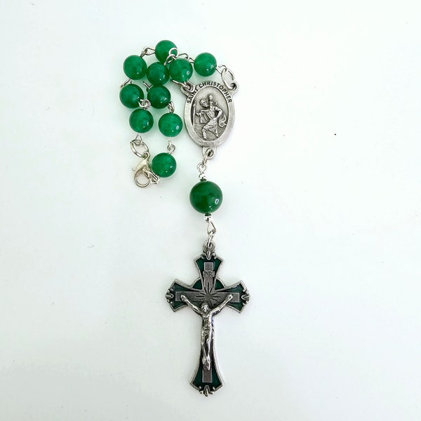 Jade Saint Christopher Hand Rosary or Rearview Mirror Rosary; One Decade Rosary; Miniature Rosary; Pockets Rosary; Car Rosary