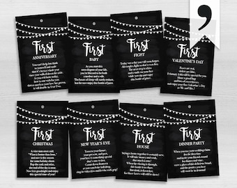 Newlyweds | A Year of Firsts | PRINTED | Set of 4, 6, 8, 12 or 16 | Wine Gift Basket | Bridal Shower Wine Tags | Milestones Wine Tags