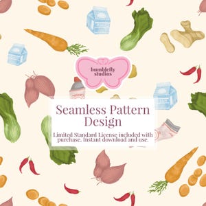 Può includere: Un design a motivi senza cuciture con illustrazioni ad acquerello di vari alimenti, tra cui carote, zenzero, peperoncini rossi e cartoni di latte. Il design include il testo "Seamless Pattern Design" e il logo "bumblefly studios".
