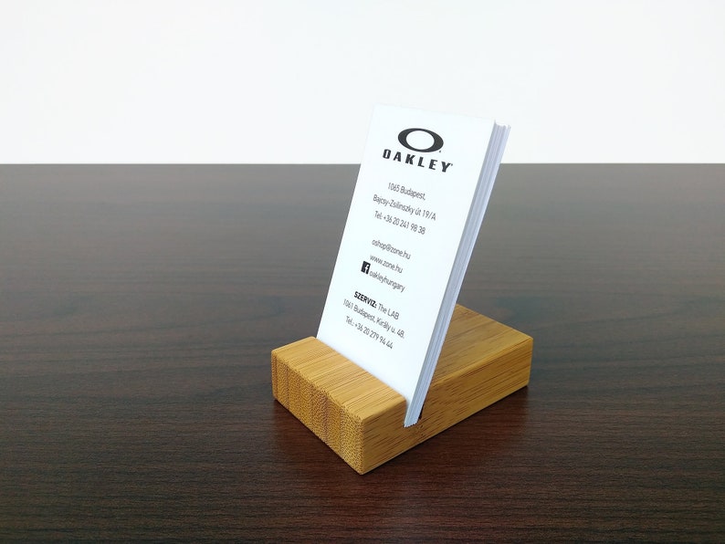 Bamboo Standing Business Card Holder. Wood Business Card Stand. Office Card Display Dark Bamboo