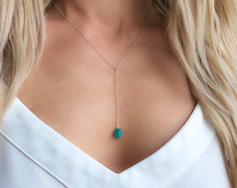 Blue Lariat Necklace Hand Wrapped Amazonite and Gold Plated Sterling Silver Necklace Minimalist Necklace Y Neck Gemstone Lariat Necklace
