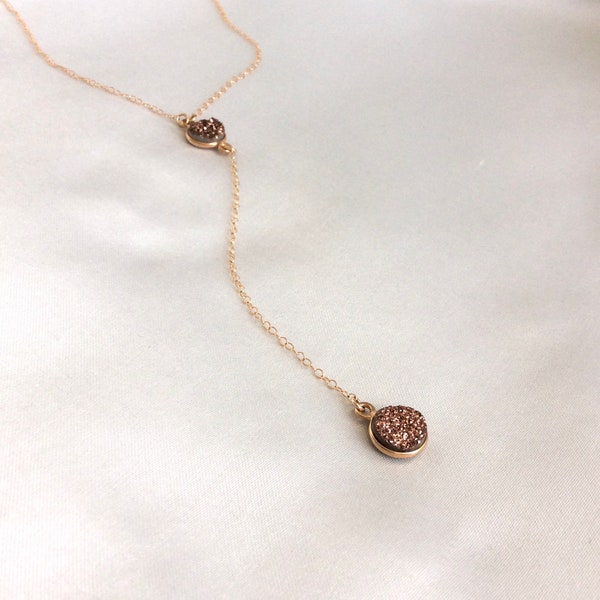 14k Gold Filled Lariat Dainty Necklace with Rose Gold Druzy Stones