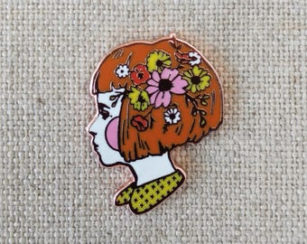 Wild Flowers in her Hair // Cloisonne Hard Enamel Rose Gold / Copper Lapel pin 1" // Girl Enamel Pin