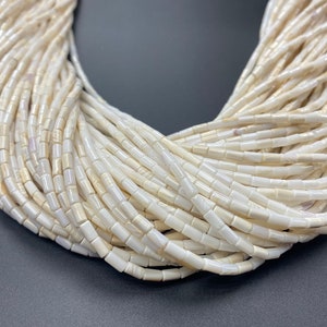 May include: A strand of white shell beads, each bead is a small, rectangular tube. The beads are arranged in a loose, overlapping pattern.