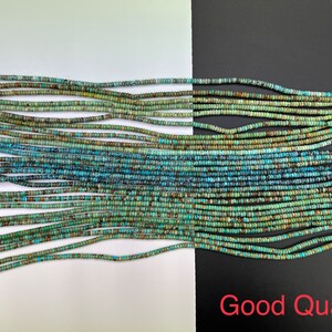 K&ouml;nnte beinhalten: Mehrere Str&auml;nge t&uuml;rkisfarbener Perlen, jede in Form einer kleinen Scheibe. Die Perlen zeigen verschiedene Blau- und Gr&uuml;nt&ouml;ne, mit einigen Braun- und Schwarzt&ouml;nen. Das Bild enth&auml;lt den Text "Good Quality" in Rot.