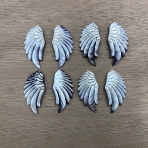 Op de afbeelding: Acht witte en paarse schelpvleugels met een getextureerd oppervlak. De vleugels zijn gerangschikt in twee rijen van vier.
