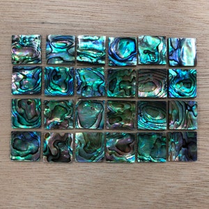 Puede incluir: Veinticuatro azulejos de concha de abulón verde y azul iridiscente dispuestos en un patrón de cuadrícula. Los azulejos son cuadrados y tienen una textura natural y orgánica.