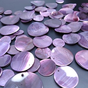 May include: A collection of purple and white iridescent shell discs. The shells are smooth and have a natural, organic texture.