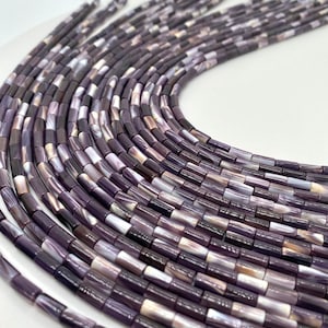 May include: A strand of purple and white shell beads, arranged in a semi-circle. The beads are cylindrical and have a smooth, polished finish.
