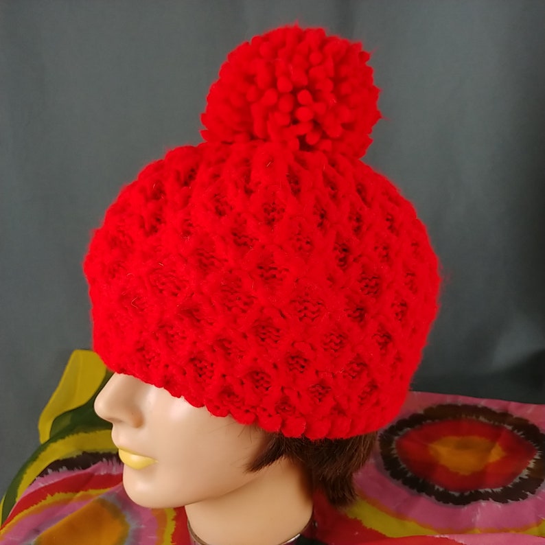 Vtg Red Slouch Hat Pom Pom Acrylic Knit OS Festival