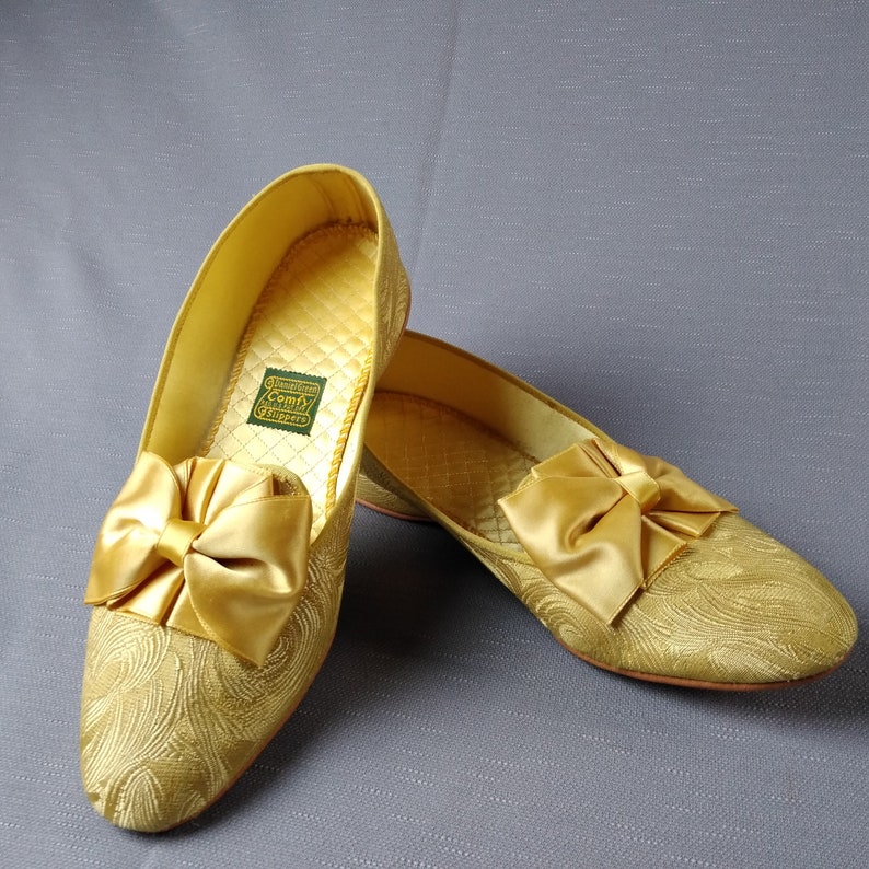 Gold Jacquard House Slippers Vintage Daniel Green Comfy Slippers With Bows
