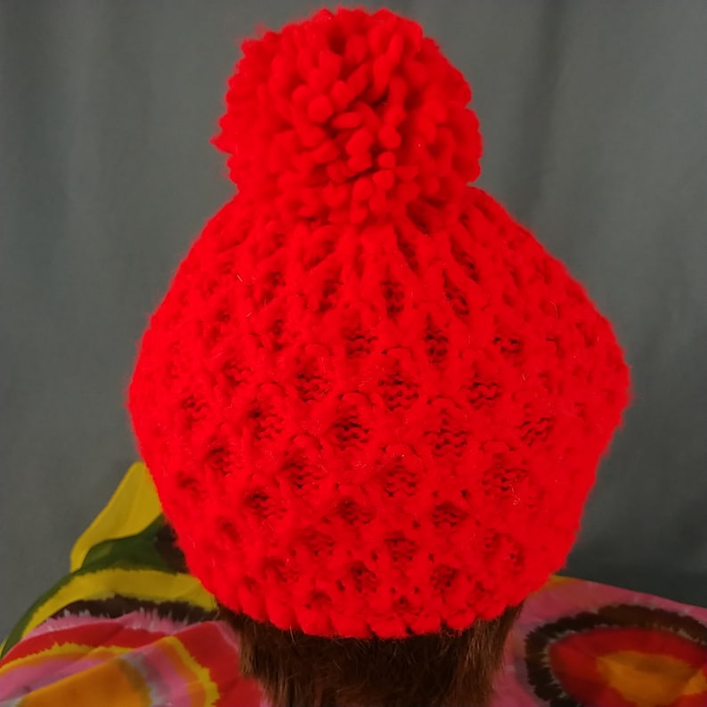 Vtg Red Slouch Hat Pom Pom Acrylic Knit OS Festival