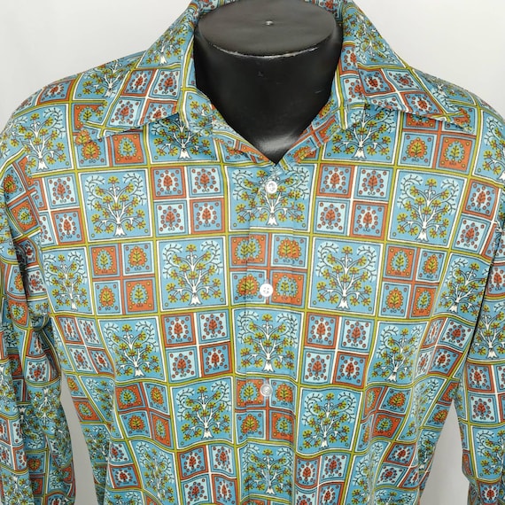 Vtg 70s Slinky Disco Shirt Medium Blue Green Rust