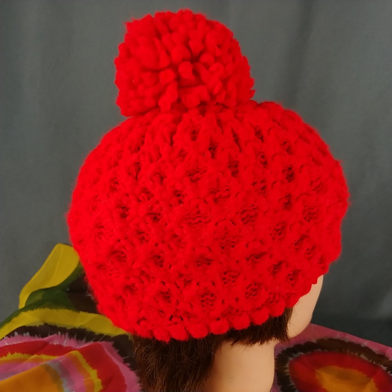 Vtg Red Slouch Hat Pom Pom Acrylic Knit OS Festival