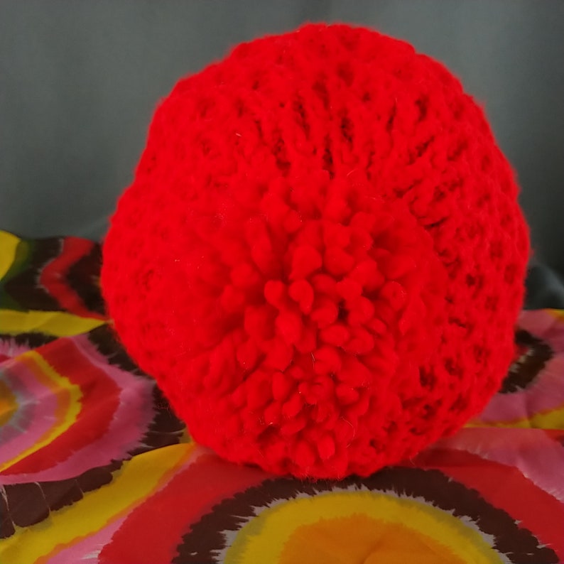 Vtg Red Slouch Hat Pom Pom Acrylic Knit OS Festival