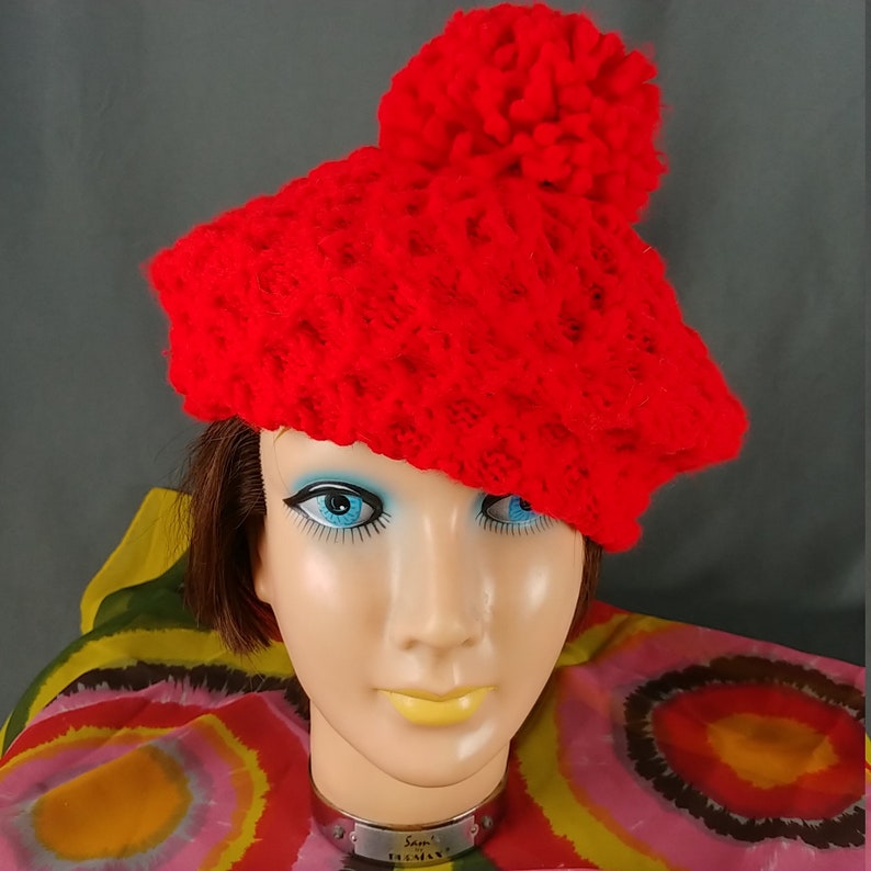 Vtg Red Slouch Hat Pom Pom Acrylic Knit OS Festival