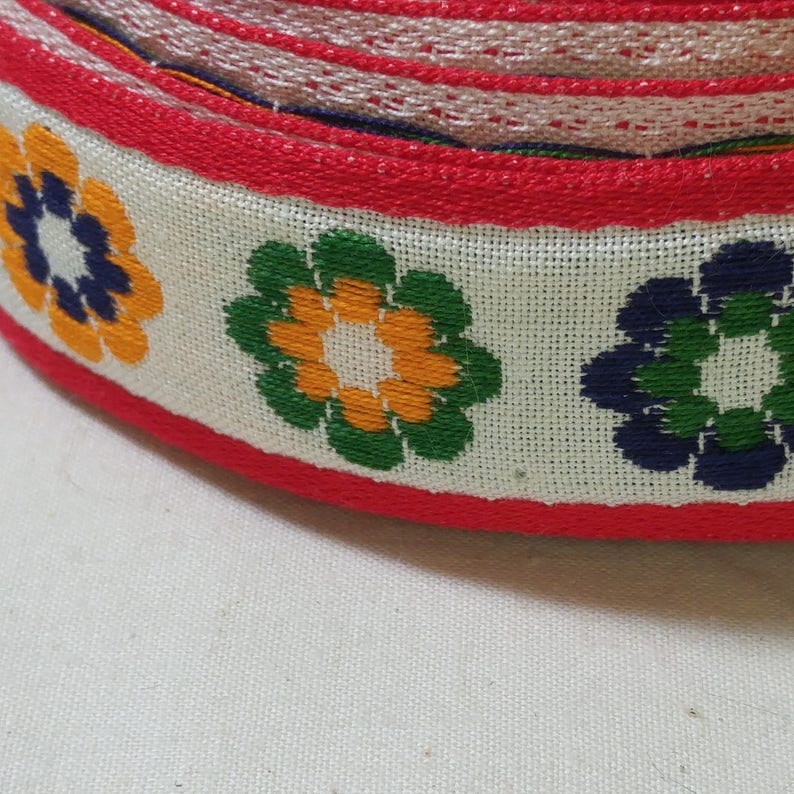 20 Feet 60s 70s Flower Jacquard Woven Trim Red White Yellow Green Blue Embroidered Floral Sewing Craft Hippie Home Decor Edging Woven RIbbon