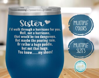 Funny Sister Christmas Gift, Wine Tumbler Sisters, Birthday Present for Little or Big Sister, I'd Walk Through a Hurricane For You Cup